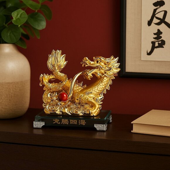Dragons Rising All Over the World Gold Statue Feng Shui Chinese Figurine 7.5” T - Picture 1 of 8